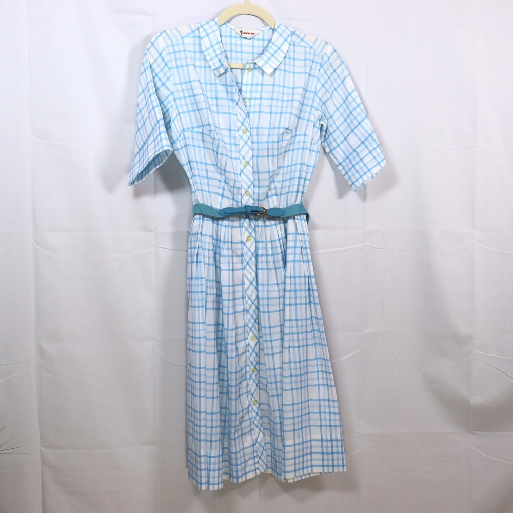 Country Miss Plaid Shirt Dress 10 Blue Womens Belted Vintage‎ Gingham